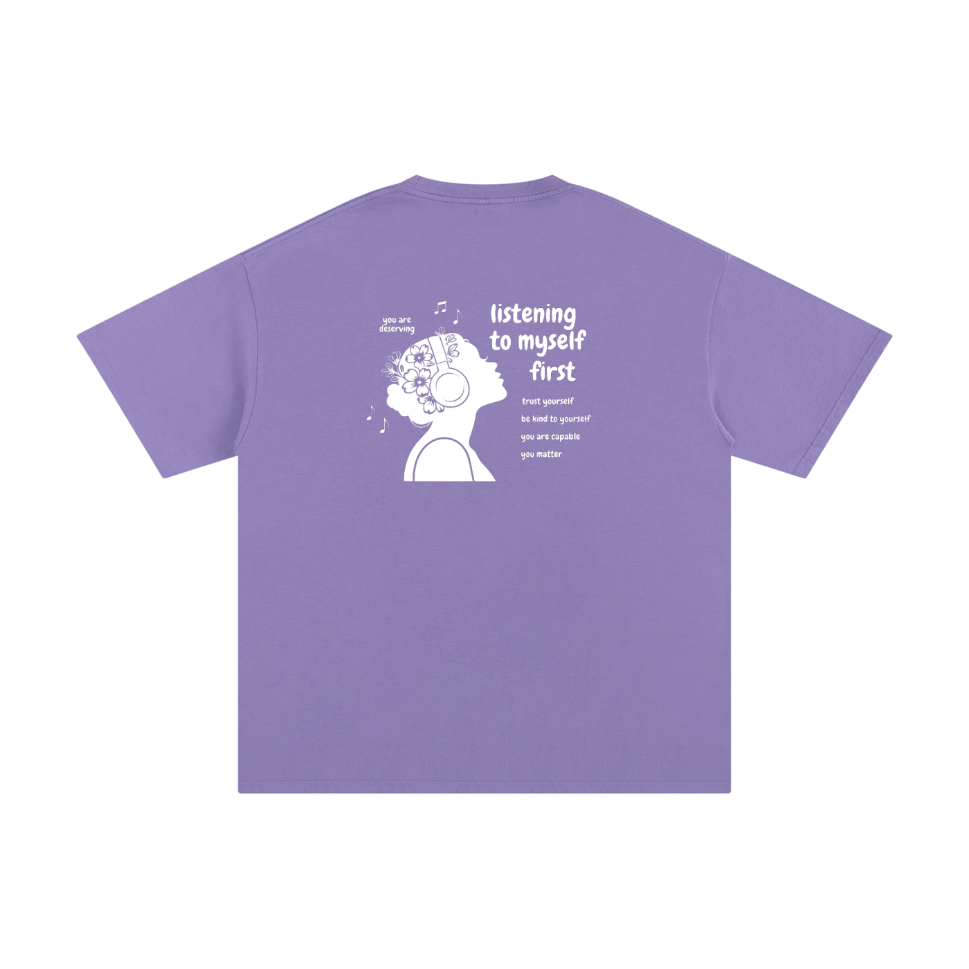 Listening to Myself First Tee — White Graphic - Back - Paris Purple