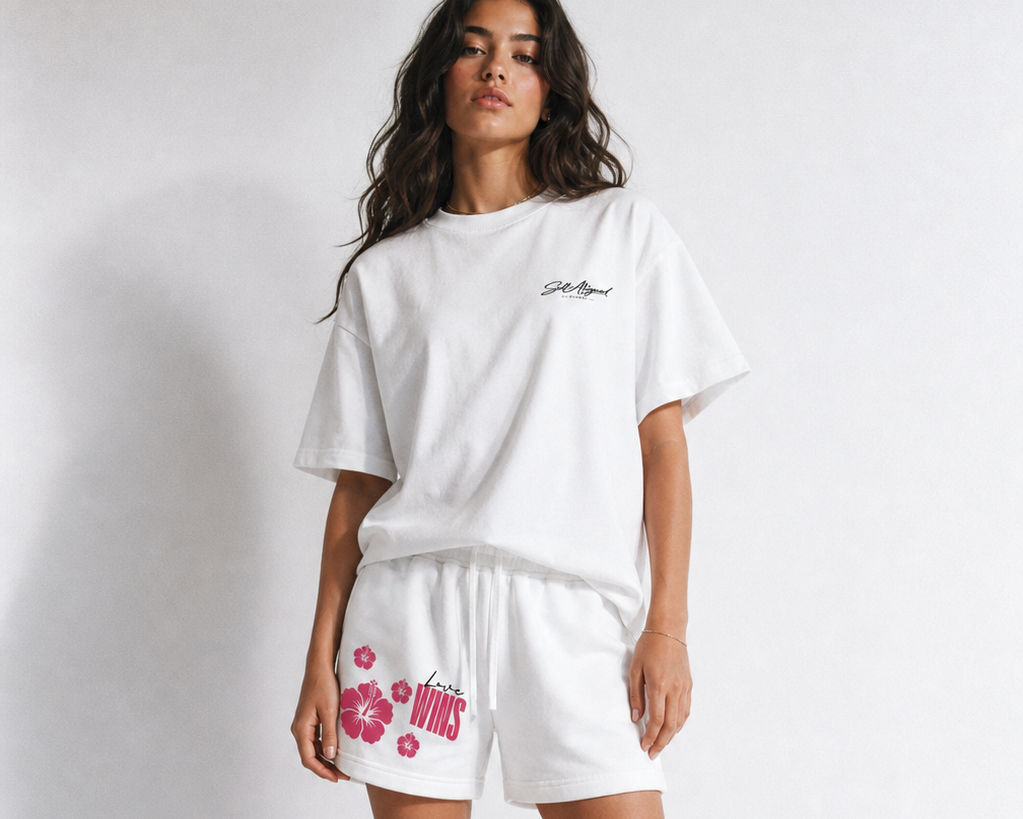 Model wearing Love Wins Tee and Sweatshorts summer look - Front, White - Self Aligned Apparel
