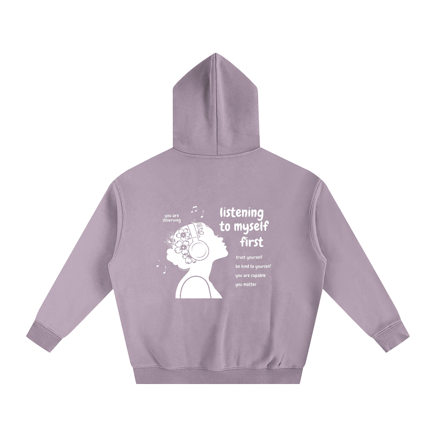 Listening to Myself First Hoodie — White Graphic - Back - Dark Purple