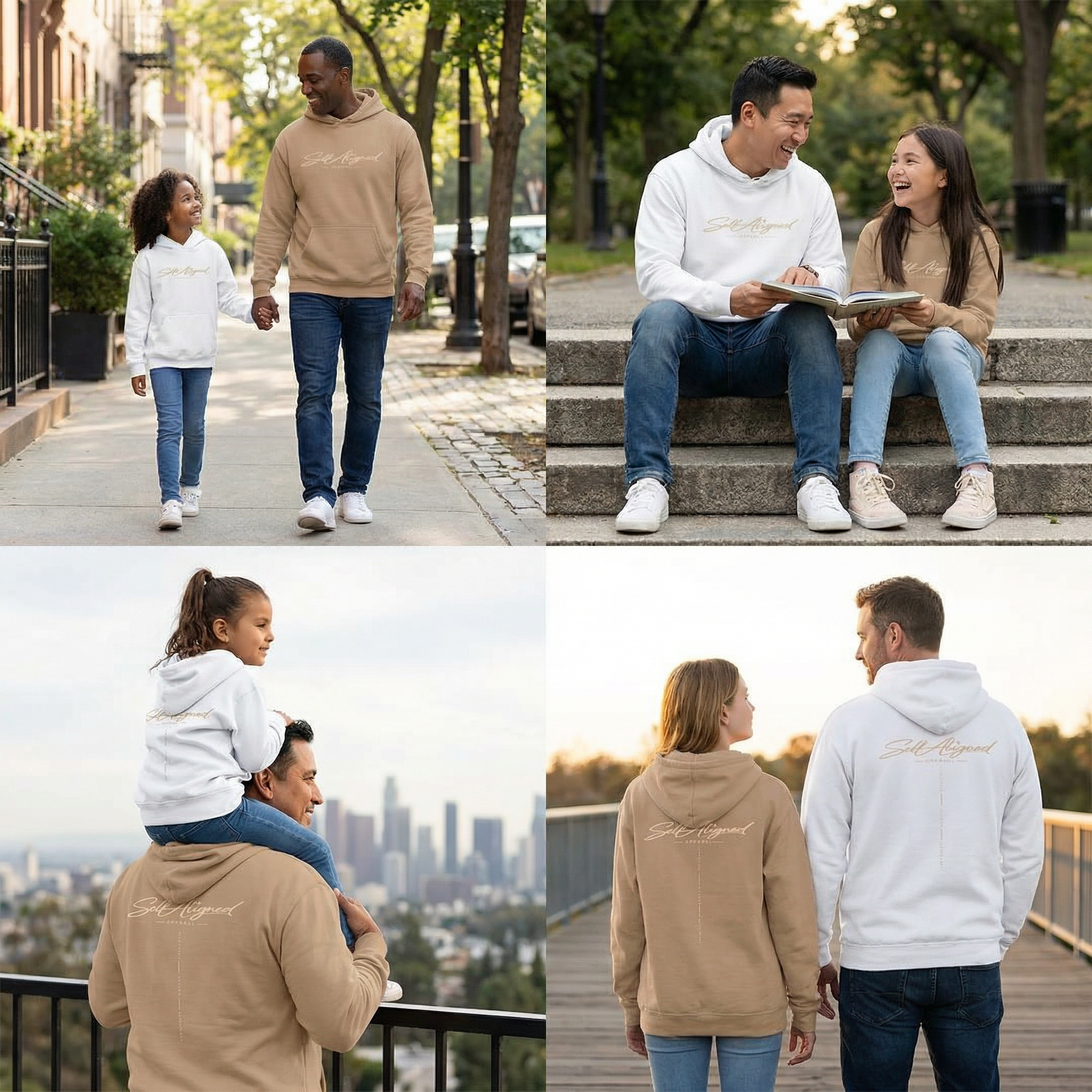 Collage of four scenes featuring father's and daughter's wearing matching Self Aligned Apparel hoodies in various settings.