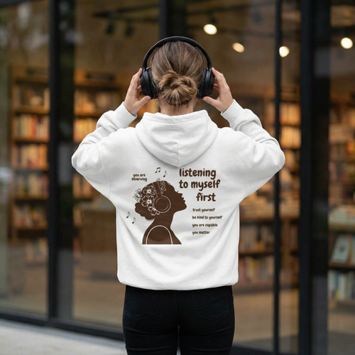 Listening to Myself First woman silhouette self-affirmation oversized hoodie in brown — Self Aligned Apparel