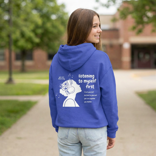 Listening to Myself First woman silhouette self-affirmation oversized hoodie in white — Self Aligned Apparel
