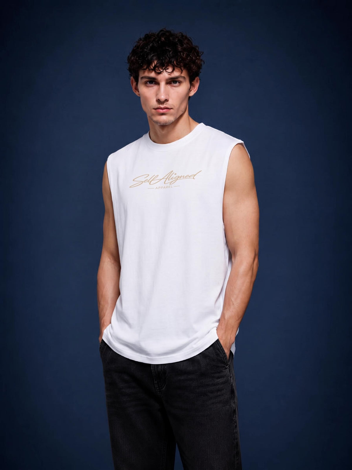 Self Aligned Script Cotton Tank Top - worn by model, front