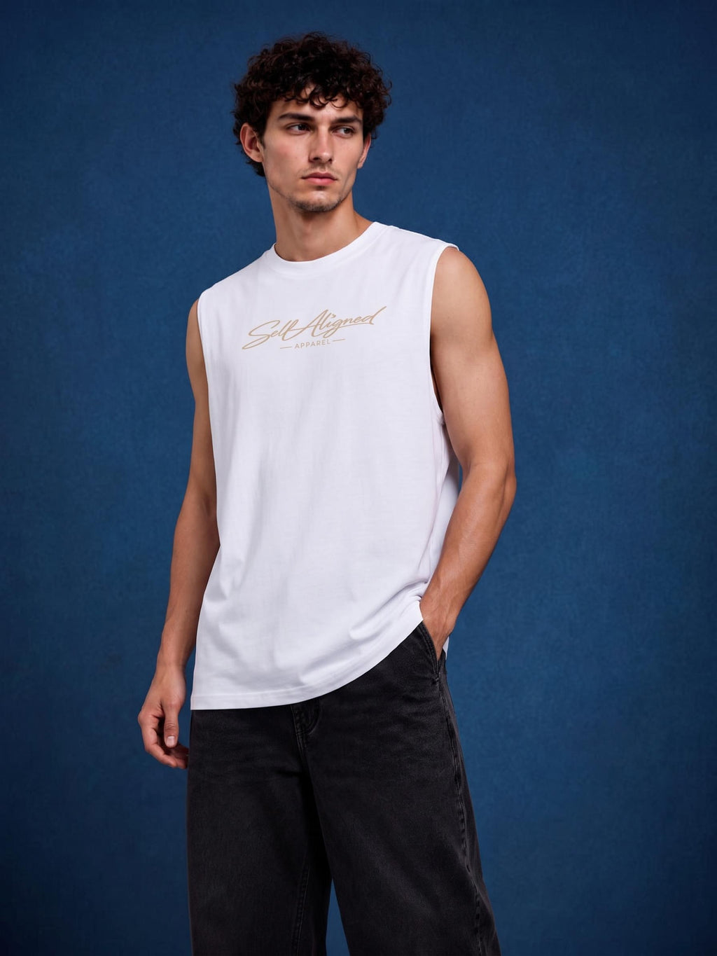 Self Aligned Script Cotton Tank Top - worn by model, angled
