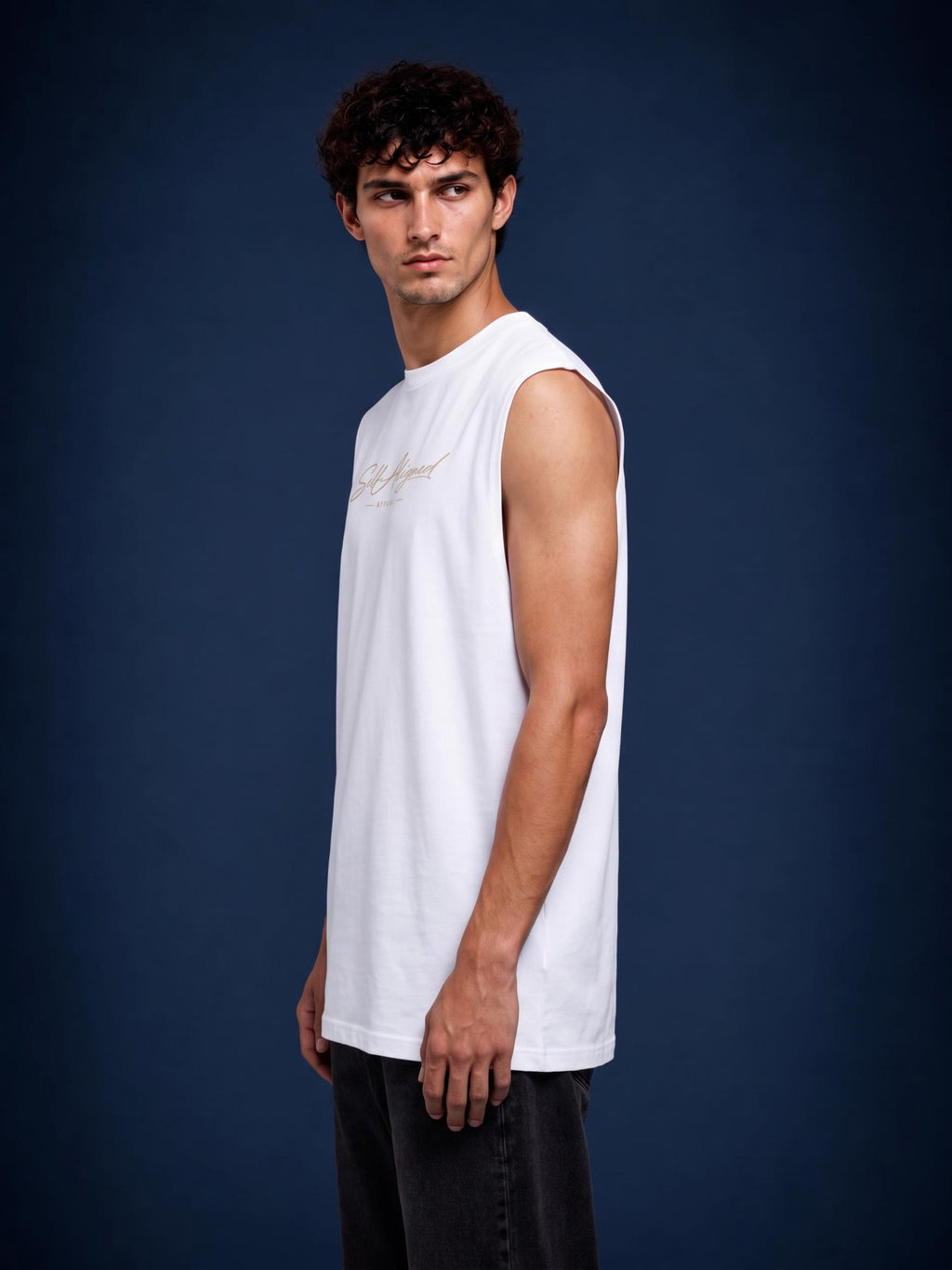 Self Aligned Script Cotton Tank Top - worn by model, side