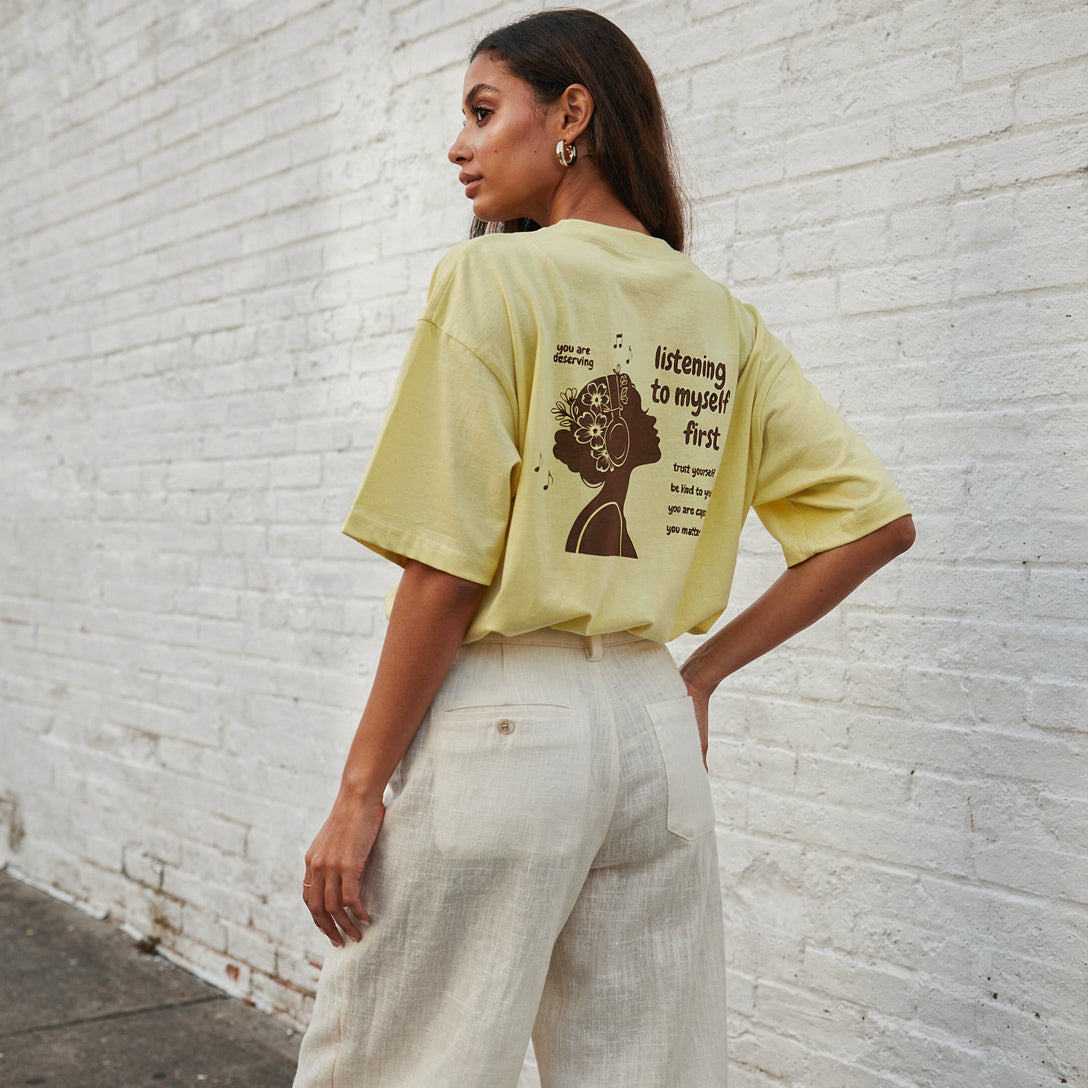 Model wearing Listening To Myself First tee, Yellow