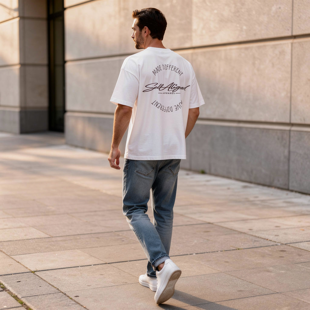 Model wearing Made different, Move different Tee, White