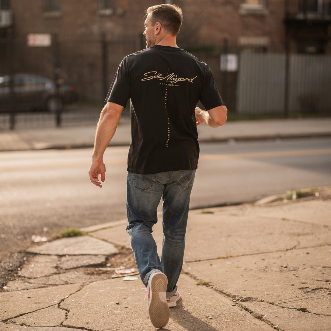 Model wearing Self Aligned Script Tee, Black