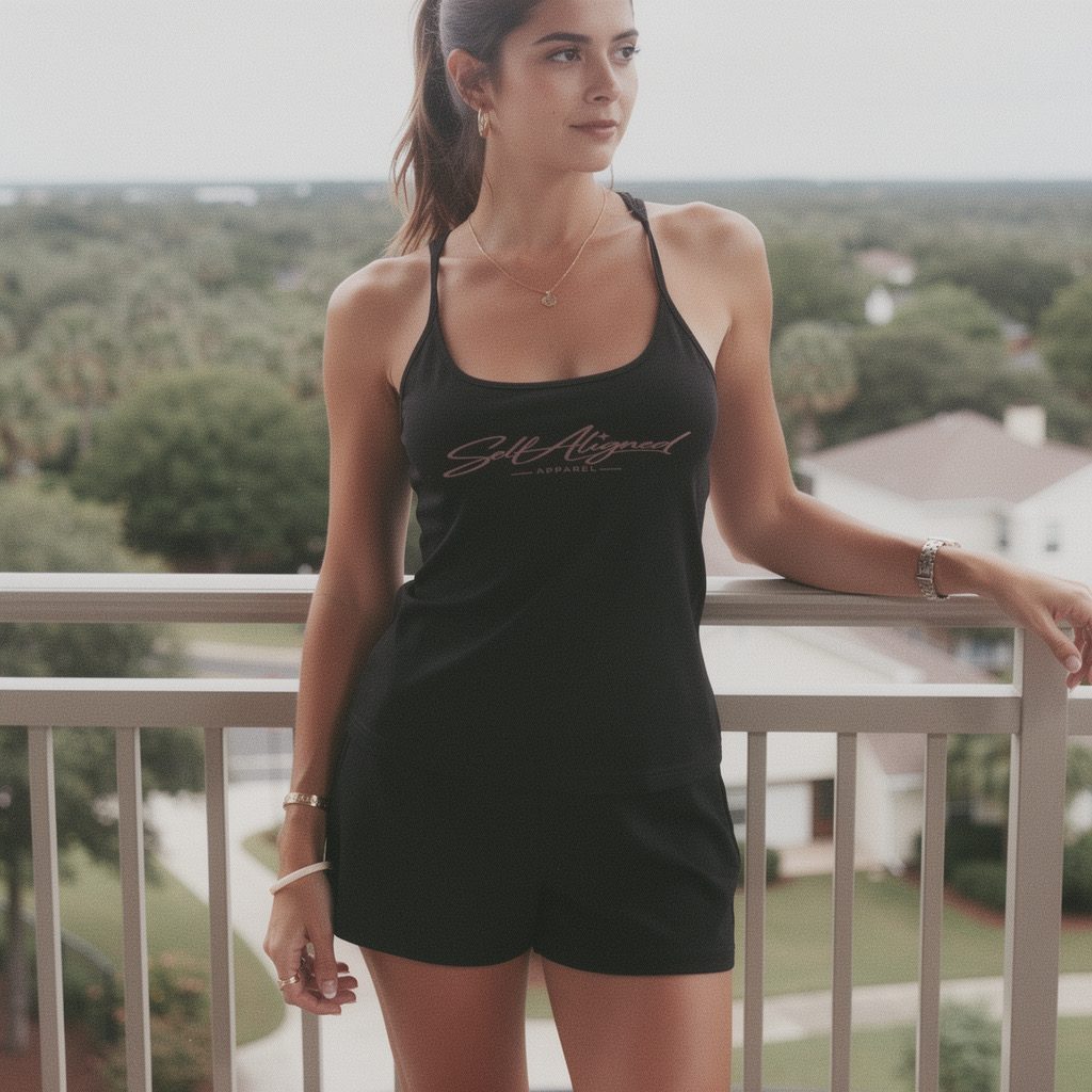 Self Aligned Ribbed Racerback Tank - worn by model on a balcony