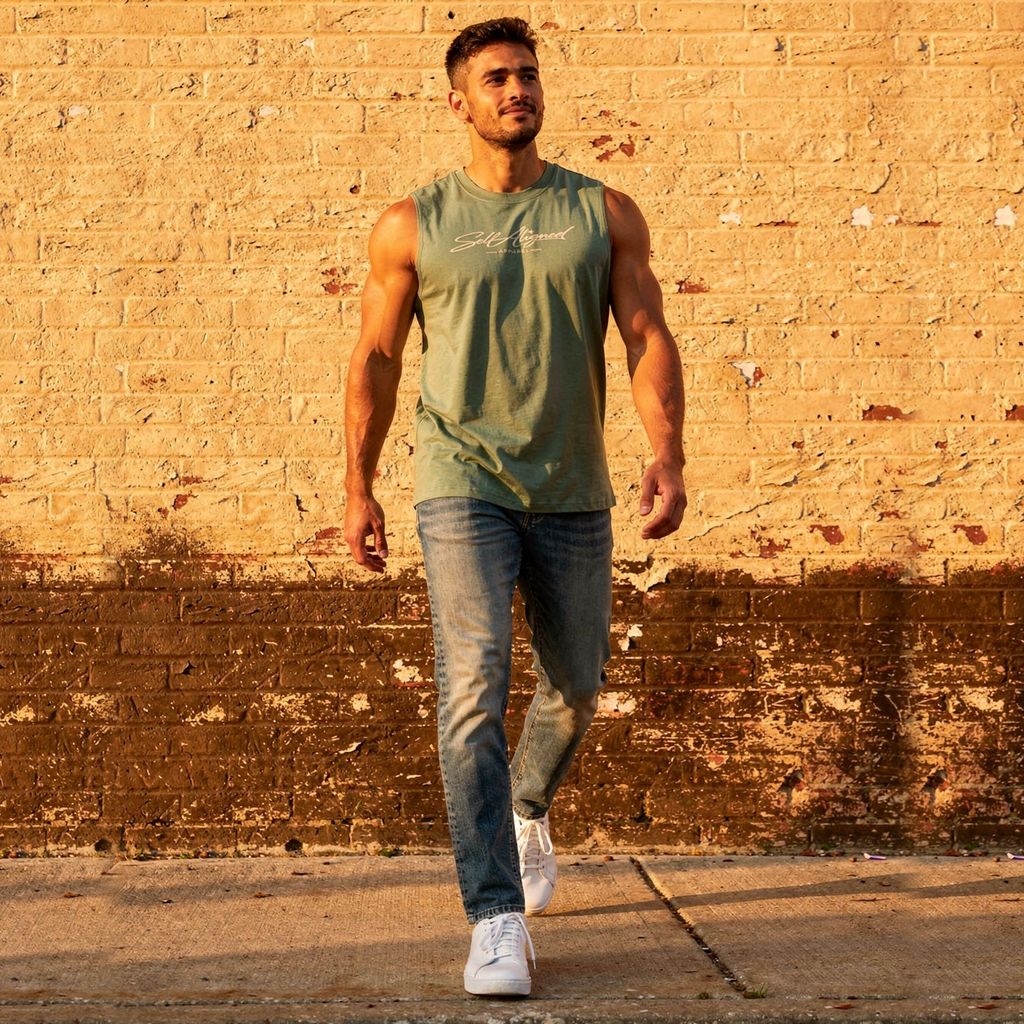 Self Aligned Script Cotton Tank Top - worn by model walking past a brick wall